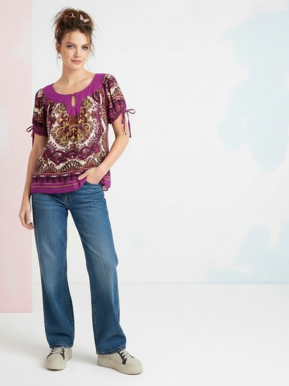 Nicole | Nicole Miller puff sleeve loose fit button front paisley blouse…